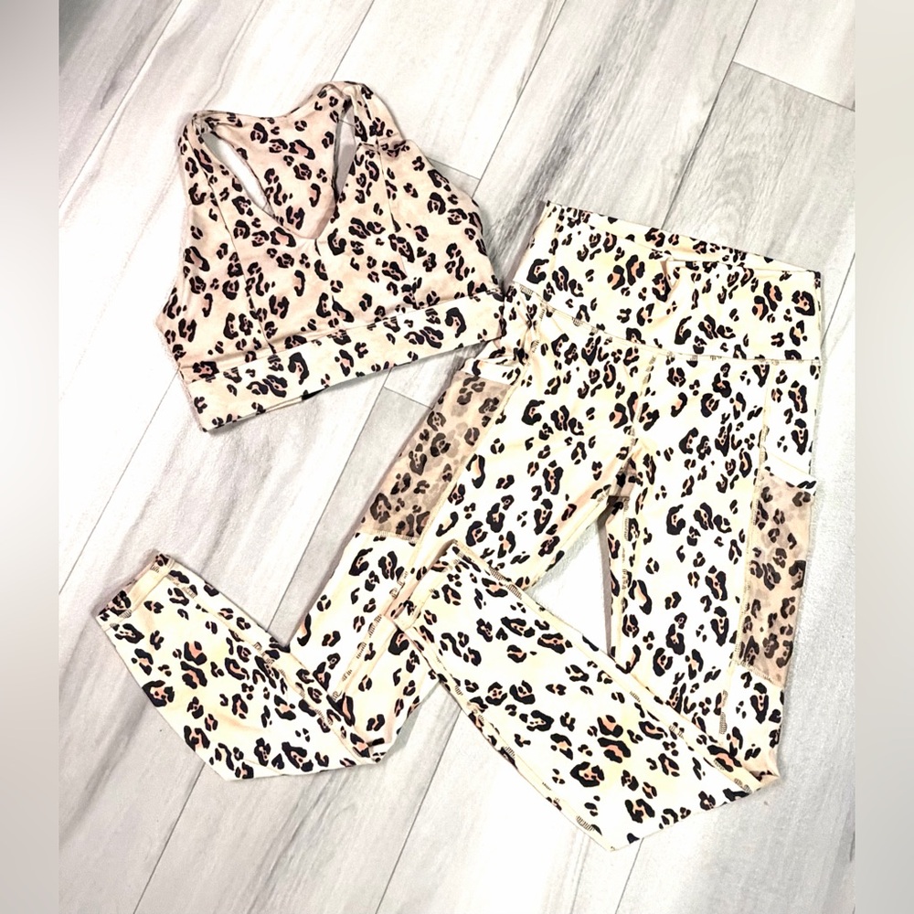 Fabletics Cream and Black Leopard Activewear Set small